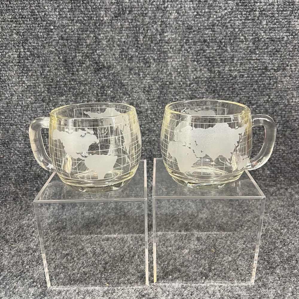 Nestle Nescafe World Map Globe Coffee Mugs Etched Glass 1970s Vintage Lot Of 2